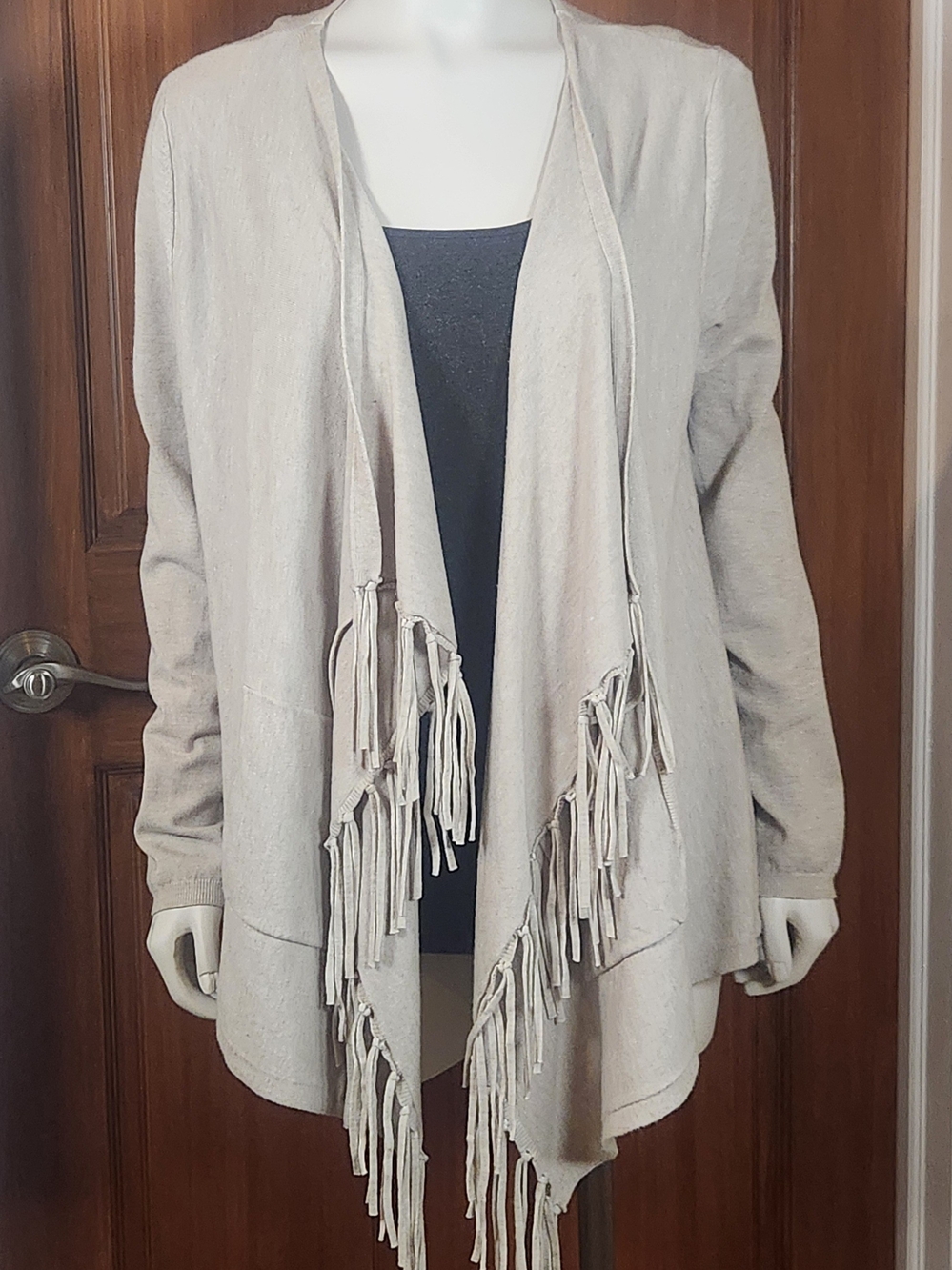 Fringed Open-Front Cardigan Sweater - Cream